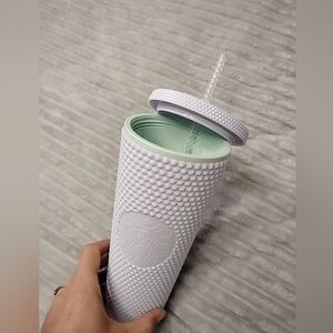 Starbucks Studded Core Siren White Textured Tumbler with Straw 24oz Teal Inside.
